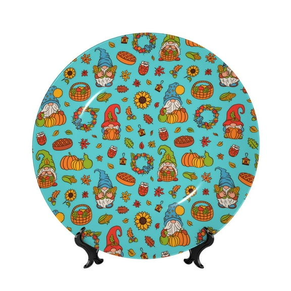 Picia fall cute gnome Pumpkin Pattern Bone China Decorative Plate – Wall Decor with Stand and Adhesive, Elegant Ornament for Living Room, Office, or Entryway-6in