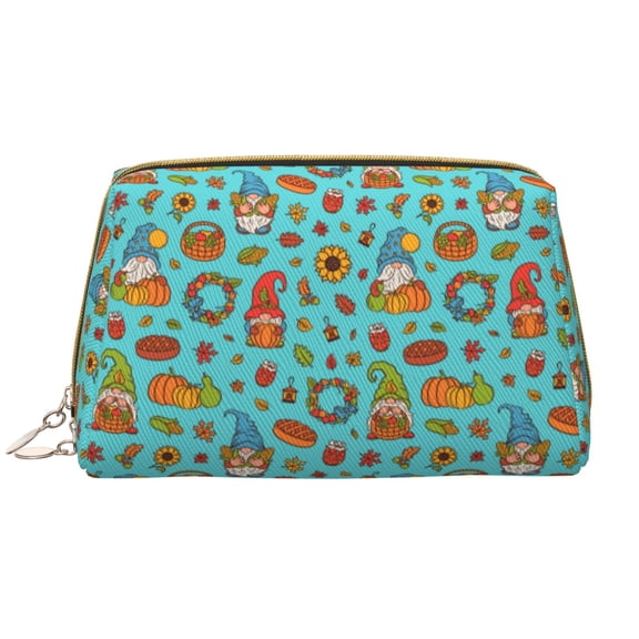 Picia fall cute gnome Pumpkin Print Leather Makeup Bag Make Up Bag Travel Toiletry Bag for Her Girlfriend Teacher Teen Girl Gifts