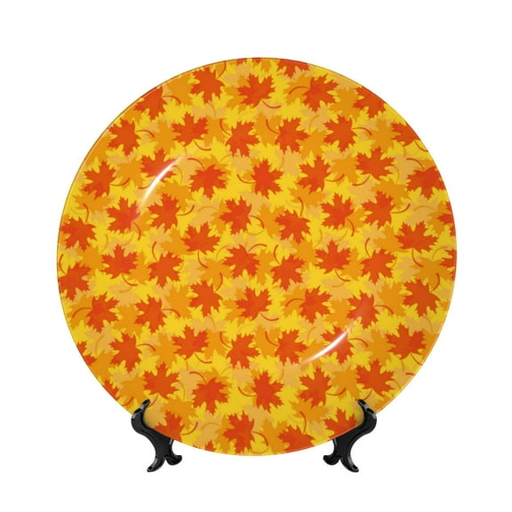 Picia fall retro maple leaf Pattern Bone China Decorative Plate – Wall Decor with Stand and Adhesive, Elegant Ornament for Living Room, Office, or Entryway-6in