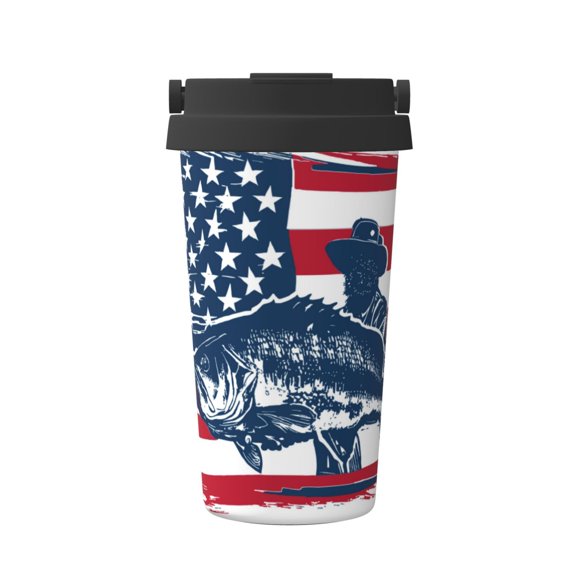 Picia fisherman fishing with USA flag Pattern 500ml Carry Insulated Coffee Mug, Stainless Steel Travel Mug with Hidden Handle, Leak-Proof for Car, Office, Home, and Outdoor Use