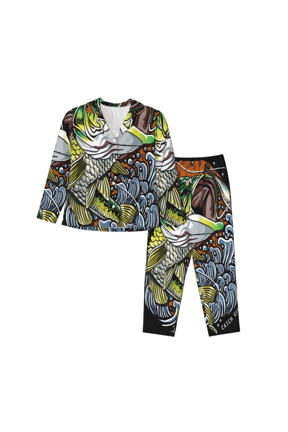 fishing bass Pattern Women’s Long-Sleeve Sleepwear Set - Soft 2-Piece Loungewear with Pockets, Comfy PJs for Relaxing Nights-X-Large