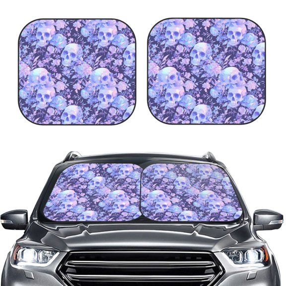 Picia flower crystal Skull 2 Piece Car Windshield Sun Shade Foldable | Foldable Sun Shield for Front Window Blocks UV Rays and Keeps Your Vehicle Cool-Medium