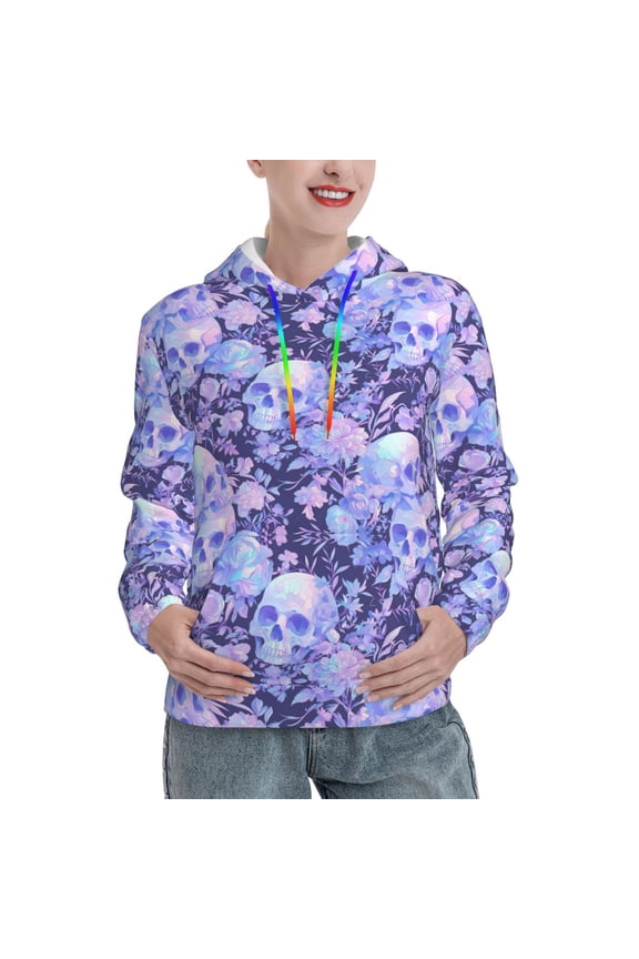 flower crystal Skull Pattern Casual Women's Hoodie, Hooded Sweatshirt with Kangaroo Pocket, Comfortable Pullover with Eye-catching Drawstrings-Medium