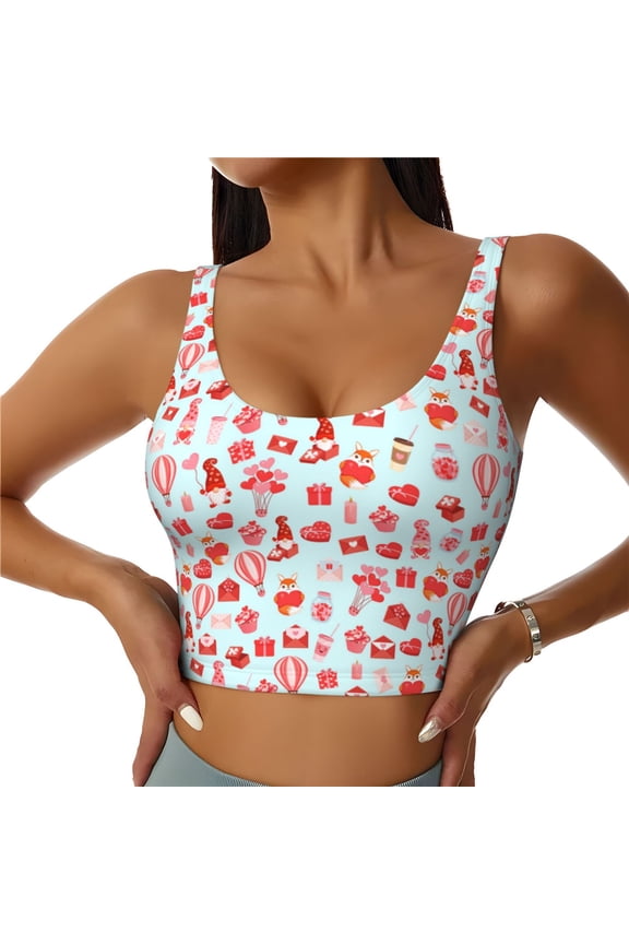 fox gnomes and hearts Pattern Sports Bra for Women,Padded Strappy Sports Bras Medium Support Yoga Bra with Removable Cups,Running Yoga Bra-Small