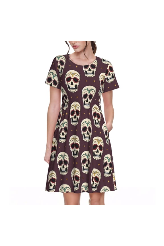 funny Skull star Pattern Women's Short Sleeve Summer Dress Pleated Loose Swing Knee Length Short Sleeve Swing Dresses