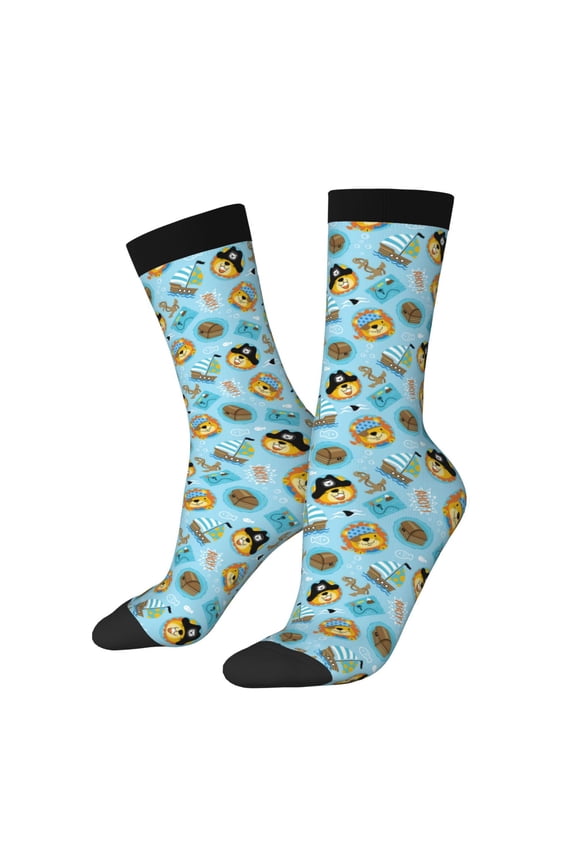 funny lion in pirate Print Athletic Socks for Men & Women – Cushioned Moisture-Wicking Crew Socks for Sports, Running, and Training, Soft & Breathable Size 5-11