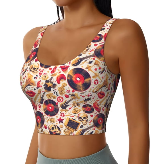 Picia gold Skull Guitar record Sports Bra for Women,Padded Strappy Sports Bras Medium Support Yoga Bra with Removable Cups,Running Yoga Bra-Small