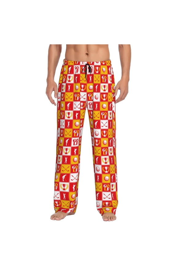 golf Pattern Mens Soft Woven Cotton Elastic Waistband Sleep Pajama Pant Lounge Sleep Pant With Pockets And Drawstring-Small