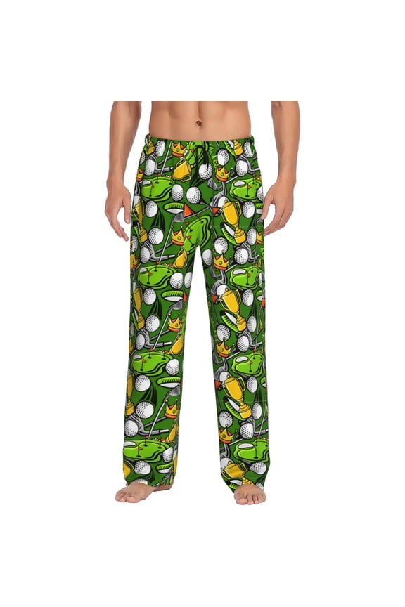 golf Sport club Pattern Mens Soft Woven Cotton Elastic Waistband Sleep Pajama Pant Lounge Sleep Pant With Pockets And Drawstring-Small