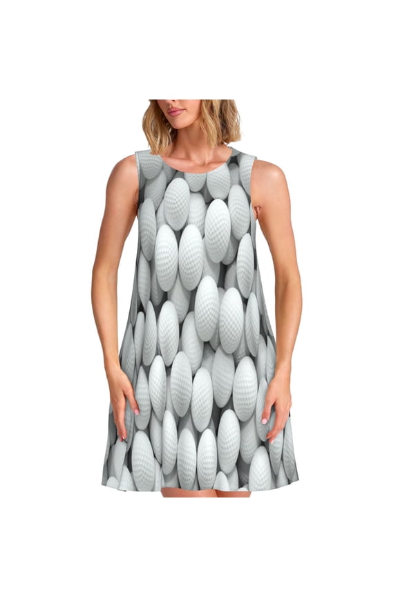 golf balls Print Women’s Sleeveless Midi Swing Dress – A-Line Pleated Tank Sundress, Comfortable and Flowy T-Shirt Dress