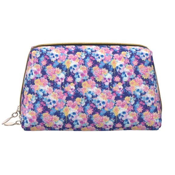 Picia graffiti style Skull flower Print Leather Makeup Bag Make Up Bag Travel Toiletry Bag for Her Girlfriend Teacher Teen Girl Gifts