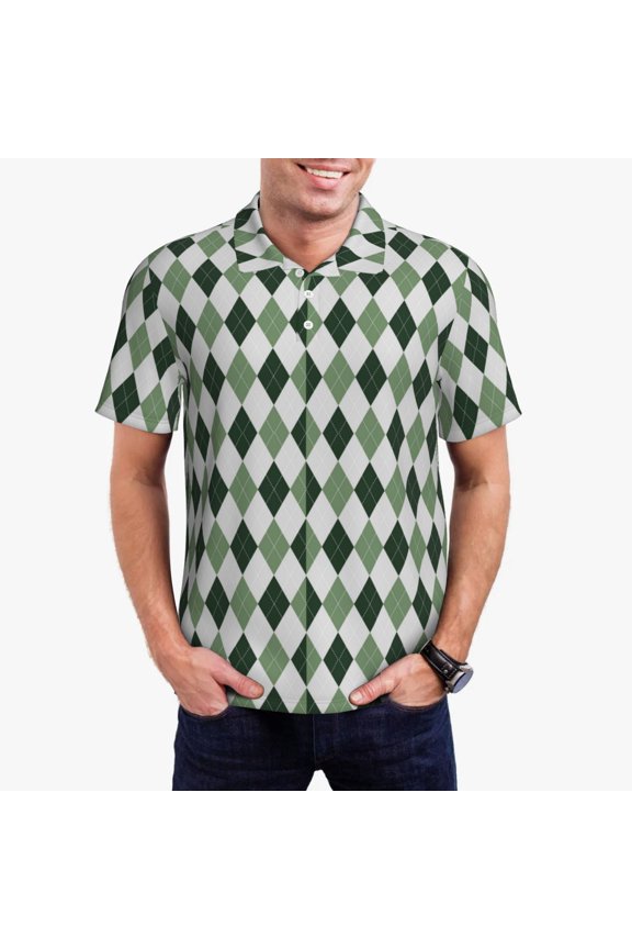 grey and green argyle Print Men's Polo Shirt, Two-Button Closure Pique Polo Shirt, Summer Fashion Golf Shirt-Large