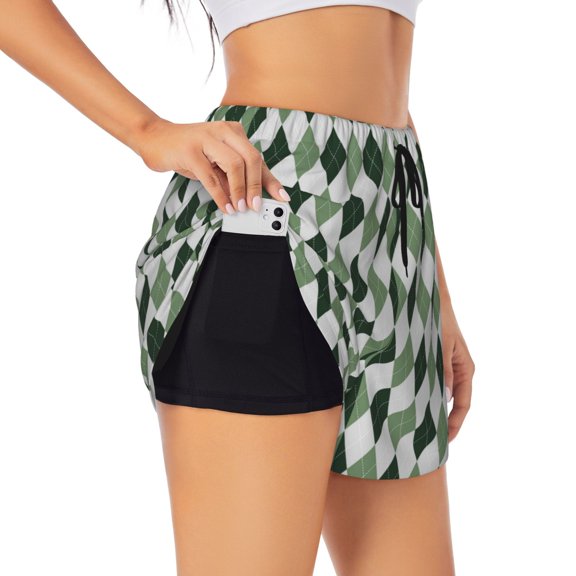Picia grey and green argyle Pattern Women's 2 in 1 Athletic Running Shorts High Waisted Workout Casual Gym Sweat Shorts with Comfy Liner Zipper Pockets-Large