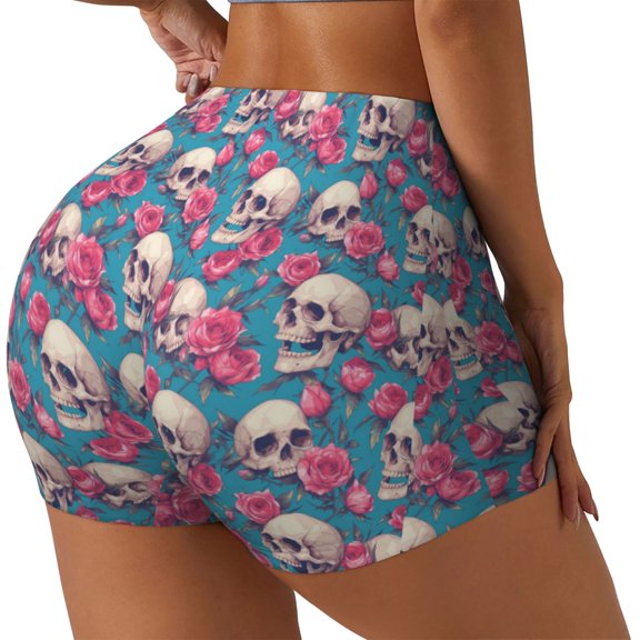 Picia happy Skull rose Printed Workout Shorts for Women Seamless Scrunch Butt Lifting High Waisted Yoga Gym Booty Running Moisture-wicking Short Pants-X-Large
