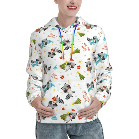 Picia happy new year Raccoon Pattern Casual Women's Hoodie, Hooded Sweatshirt with Kangaroo Pocket, Comfortable Pullover with Eye-catching Drawstrings-XX-Large