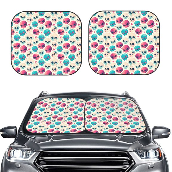 Picia heart Skull cute 2 Piece Car Windshield Sun Shade Foldable | Foldable Sun Shield for Front Window Blocks UV Rays and Keeps Your Vehicle Cool-Medium