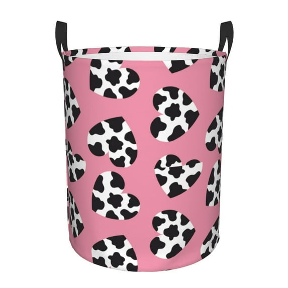 Picia heart with cow Pattern Large Laundry Basket, Waterproof, Freestanding Laundry Hamper, Collapsible Tall Clothes Hamper with Extended Handles-Small