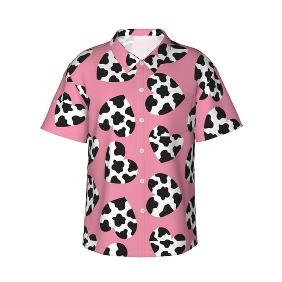 Picia heart with cow Pattern Men's Hawaiian Shirt – Soft Cotton Regular Fit Short Sleeve Shirt, Casual Beach Shirt for Summer, Vacation, and Outdoor Wear,Medium