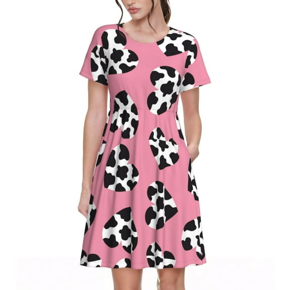 Picia heart with cow Pattern Women's Short Sleeve Summer Dress Pleated Loose Swing Knee Length Short Sleeve Swing Dresses