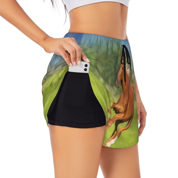 Picia horse running freely Pattern Women's 2 in 1 Athletic Running Shorts High Waisted Workout Casual Gym Sweat Shorts with Comfy Liner Zipper Pockets-XX-Large