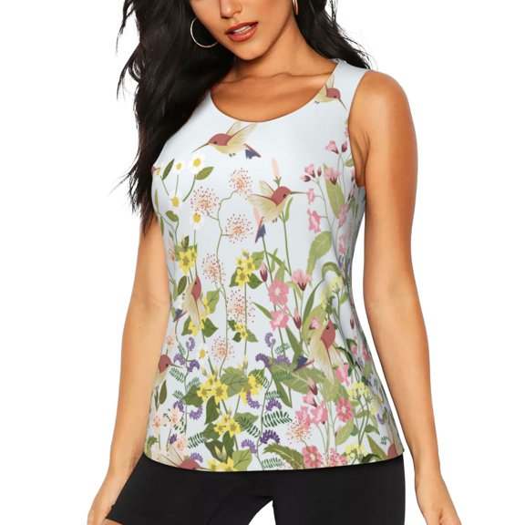 Picia hummingbird in floral Pattern Women's Workout Tank Top,Breathable Activewear,Slim Fit Athletic Top,Versatile Workout Moisture-wicking top-Small