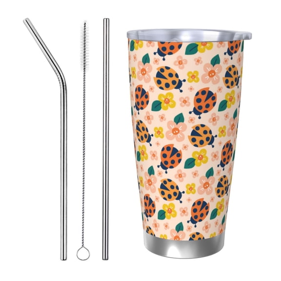 Picia ladybug and flower Pattern 20 oz Tumbler Stainless Steel Vacuum Insulated Coffee Ice Cup Double Wall Travel Flask Dual Lid Water Bottle, Eco-friendly Car Cup-Straw Three-piece Set