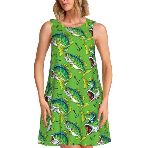 Picia large mouth green color bass fish Print Women’s Sleeveless Midi Swing Dress – A-Line Pleated Tank Sundress, Comfortable and Flowy T-Shirt Dress