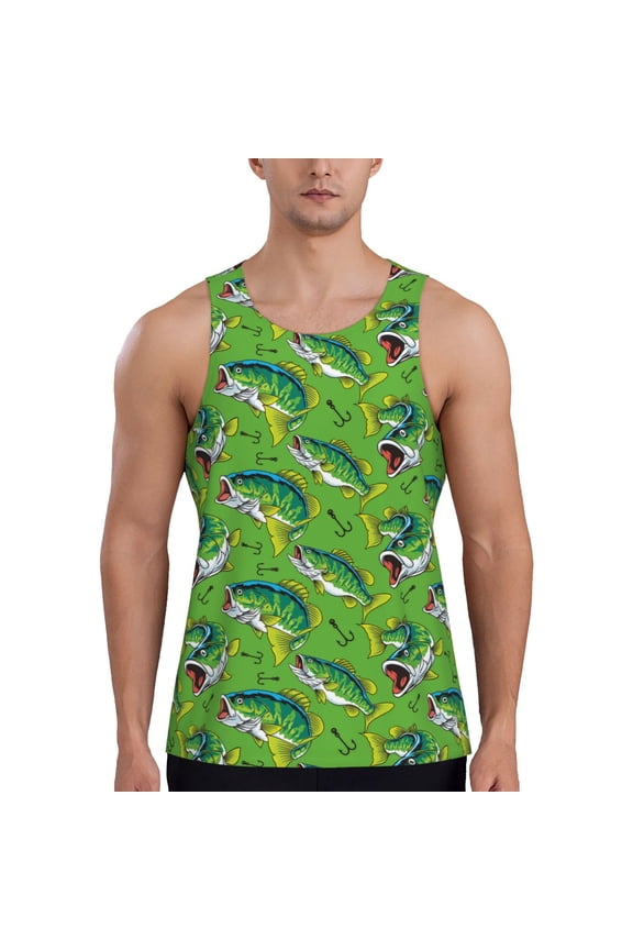 large mouth green color bass fish Printed Men’s Performance Tank, Men's Workout Tank Top Moisture-Wicking Tank Top Muscle tee, Breathable Workout Shirt-Small