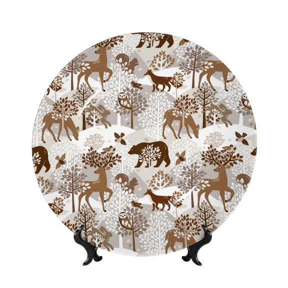 Picia leaf Moose fox owls tree Pattern Bone China Decorative Plate – Wall Decor with Stand and Adhesive, Elegant Ornament for Living Room, Office, or Entryway-6in