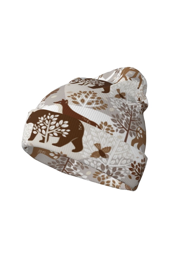 leaf Moose fox owls tree Pattern Knitted Beanie Hat for Men and Women , Unisex Winter Warm Stretchy Knit Cap Thick Fisherman Beanies Cuffed Plain Skull Caps