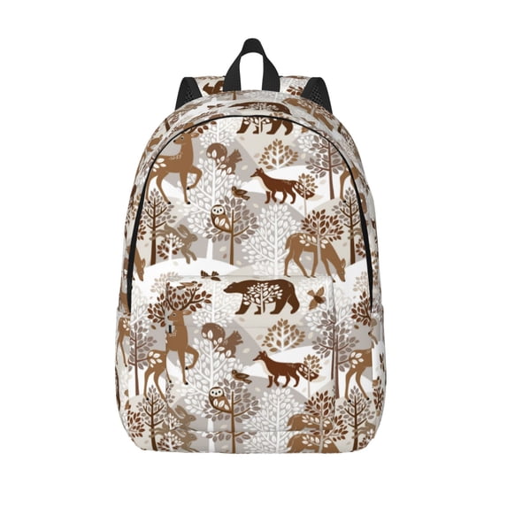Picia leaf Moose fox owls tree Printed Canvas Daypack - Stylish and Durable Vintage Compact Backpack - Class, Work, Travel, or Laptop Bookbag,Organized Compartments-Small
