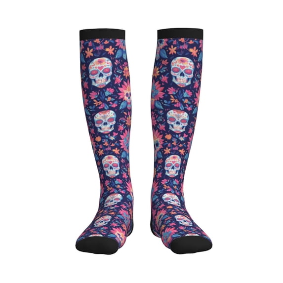 Picia leaf flower Skull colorful Printed Sports Compression Socks - 15-20mmHg Graduated Compression, High-Performance Soft and Breathable Socks for Men and Women