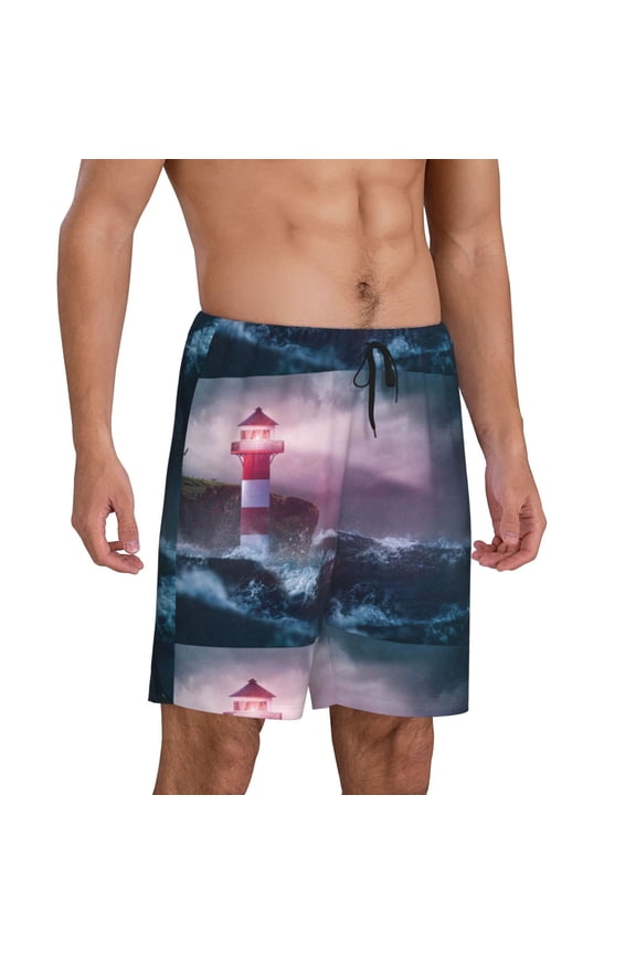 lighthouse Waves Torrential Rain Pajama Shorts for Men, Men's Pajama Bottoms, Sleepwear,Short Pajama Pants-X-Large
