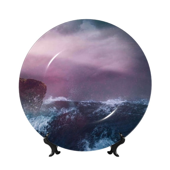 Picia lighthouse Waves Torrential Rain Pattern Bone China Decorative Plate – Wall Decor with Stand and Adhesive, Elegant Ornament for Living Room, Office, or Entryway-8in