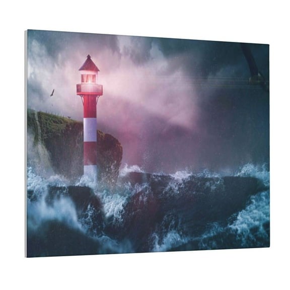 Picia lighthouse Waves Torrential Rain Pattern Decorative Picture – Unique Wall Art, Modern Canvas Print for Trendy Interiors (Horizontal)