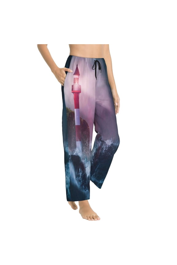 lighthouse Waves Torrential Rain Womens Soft Woven Cotton Elastic Waistband Sleep Pajama Pant Lounge Sleep Pant With Pockets And Drawstring-Small