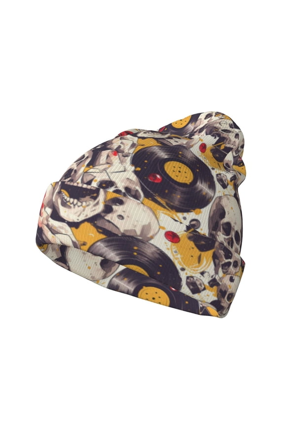 lips record rock Skull Pattern Knitted Beanie Hat for Men and Women , Unisex Winter Warm Stretchy Knit Cap Thick Fisherman Beanies Cuffed Plain Skull Caps
