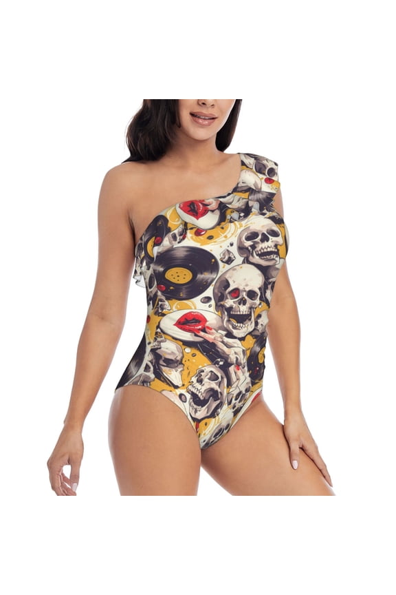 lips record rock Skull Pattern Women's One Piece Swimsuits,One Shoulder Swimwear Asymmetric ,Ruffle Monokinis Bathing Suits,High Waisted Flattering Bathing Suits-Small