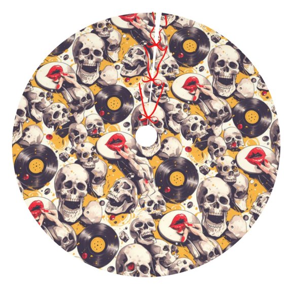 Picia lips record rock Skull Print Christmas Tree Skirt , Christmas Tree Skirt Ornaments for Merry Christmas Holiday Party Decorations Indoor Outdoor-48"