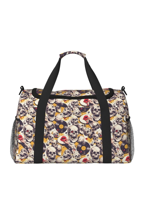 lips record rock Skull Print Travel Duffle Bag,Weekender Bags for Women with Shoe Compartment, Gym Duffel Bag with Wet Pocket, Hospital Bags for Labor and Delivery