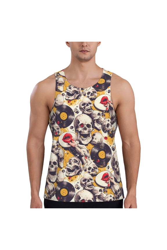 lips record rock Skull Printed Men’s Performance Tank, Men's Workout Tank Top Moisture-Wicking Tank Top Muscle tee, Breathable Workout Shirt-XX-Large