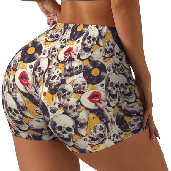 Picia lips record rock Skull Printed Workout Shorts for Women Seamless Scrunch Butt Lifting High Waisted Yoga Gym Booty Running Moisture-wicking Short Pants-Small