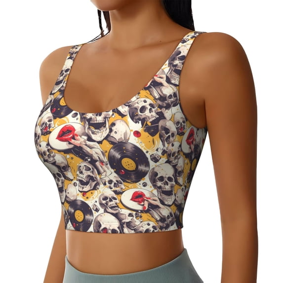 Picia lips record rock Skull Sports Bra for Women,Padded Strappy Sports Bras Medium Support Yoga Bra with Removable Cups,Running Yoga Bra-XX-Large