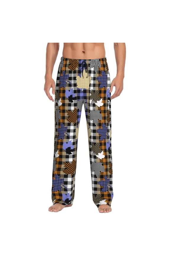 maple leaves Houndstooth Pattern Mens Soft Woven Cotton Elastic Waistband Sleep Pajama Pant Lounge Sleep Pant With Pockets And Drawstring-Small