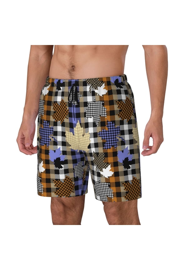 maple leaves Houndstooth Pattern Mens Swim Trunks with Compression Liner Stretch Beach Shorts Quick Dry with Zipper Pockets No-Chafing Board Shorts-Large