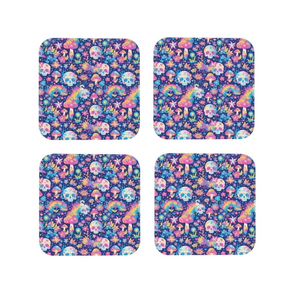 Picia mushroom Skull rainbow color Printed Leather Coasters for Drinks, 4" Drink Coasters Set of 4 for Tabletop Protection, Handmade Luxurious Home Décor and Housewarming Gift -Square
