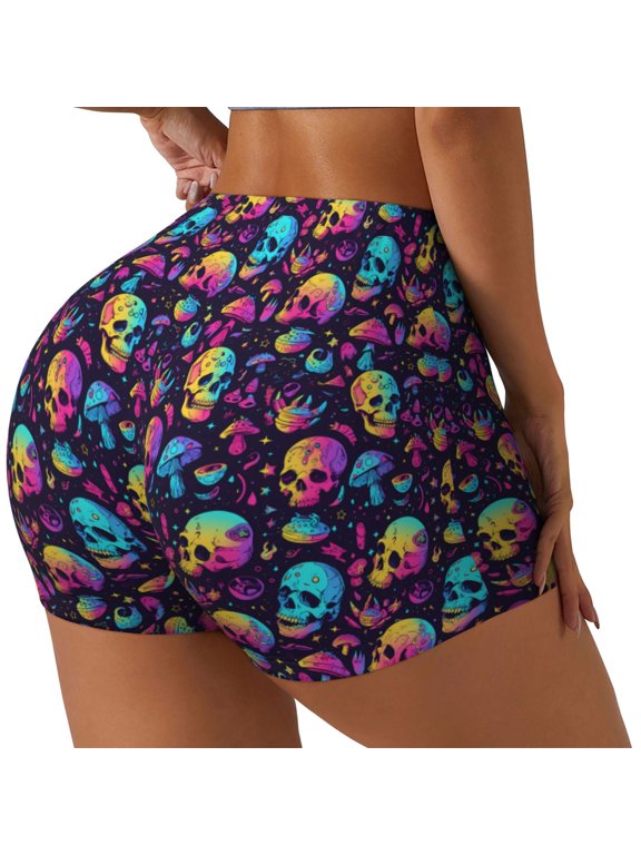 mushroom Skull star Printed Workout Shorts for Women Seamless Scrunch Butt Lifting High Waisted Yoga Gym Booty Running Moisture-wicking Short Pants-Large