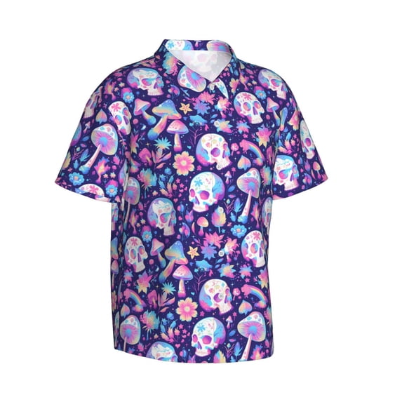 Picia mushroom rainbow Skull cartoon Gentle Cotton Regular Fit Short Sleeve Casual Hawaiian Shirt for Men-X-Large