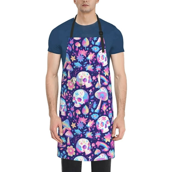 Picia mushroom rainbow Skull cartoon Waterproof Apron for Unisex Adult - Adjustable Bib Apron with Pockets, Ideal for Cooking, Gardening, Painting, and Household Chores