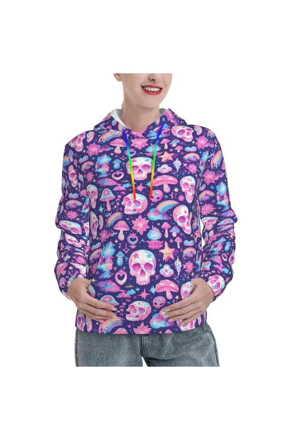 mushroom rainbow color Skull Pattern Casual Women's Hoodie, Hooded Sweatshirt with Kangaroo Pocket, Comfortable Pullover with Eye-catching Drawstrings-Large